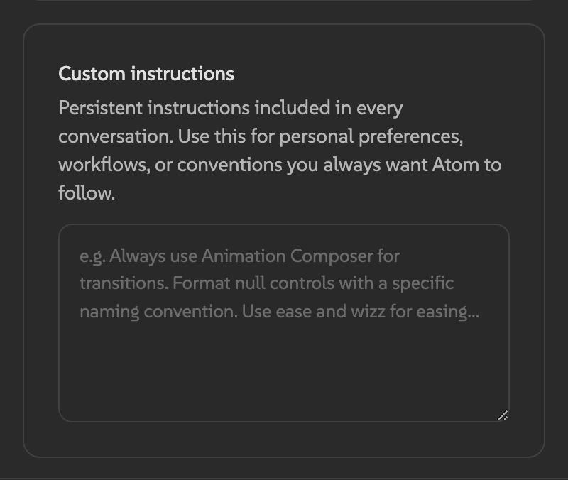 Custom instructions textarea in Atom Settings