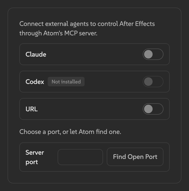 MCP Mode section in Atom settings showing agent toggles and port configuration