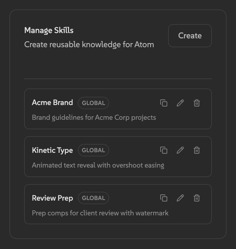 Skills management in Atom Settings