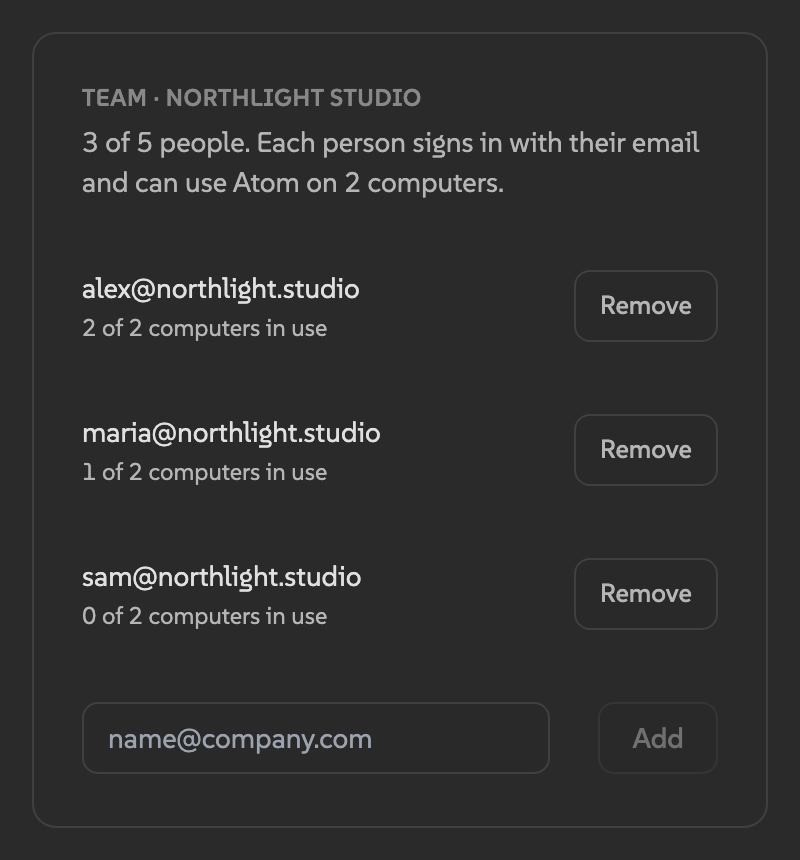 Team section in Atom Settings with members and an Add field