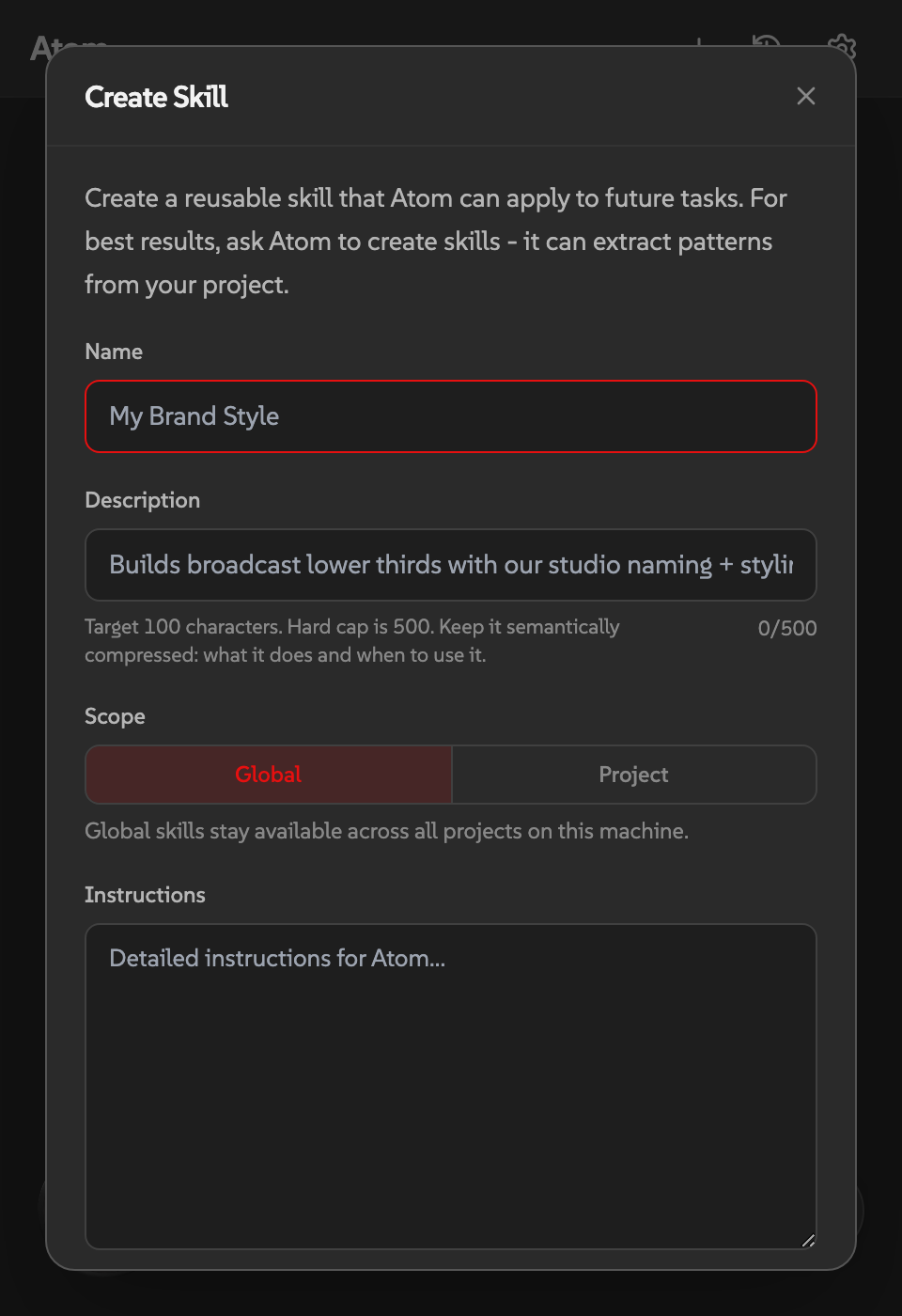 Create Skill form in Atom