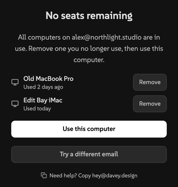 No seats screen listing computers with Remove and Use this computer